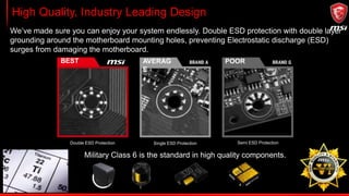 High Quality, Industry Leading Design
BEST AVERAG
E
POOR
Double ESD Protection Single ESD Protection Semi ESD Protection
Military Class 6 is the standard in high quality components.
We’ve made sure you can enjoy your system endlessly. Double ESD protection with double layer
grounding around the motherboard mounting holes, preventing Electrostatic discharge (ESD)
surges from damaging the motherboard.
 