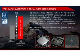 MSI Z370: Optimized for 6-core processors
To maximize the performance from the new Intel® 6-
core processors, all MSI 300-series motherboards are
designed to deliver plenty of power.
• Fully digital PWM design specifically for 6-core
• More power phases and military class components
ensure the most stable experience and highest FPS.
MSI 300-series are built for hardcore gamers and PC
enthusiasts.
Others MSI
optimized
design
FPS
Breakingthelimit
 