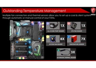 Multiple fan connectors and thermal sensors allow you to set up a cool & silent system
through automatic or manual control of your FANs.
Outstanding Temperature Management
 