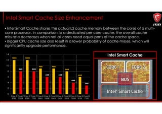 Intel Smart Cache Size Enhancement
• Intel Smart Cache shares the actual L3 cache memory between the cores of a multi-
core processor. In comparison to a dedicated per-core cache, the overall cache
miss rate decreases when not all cores need equal parts of the cache space.
• Bigger CPU cache size also result in a lower probability of cache misses, which will
significantly upgrade performance.
12MB
8MB
12MB
8MB
9MB
6MB
9MB
6MB
8MB
4MB
6MB
3MB
Intel Smart Cache
 