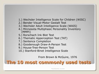 The 10 most commonly used testsThe 10 most commonly used tests
1.) Wechsler Intelligence Scale for Children (WISC)
2.) Bender Visual-Motor Gestalt Test
3.) Wechsler Adult Intelligence Scale (WAIS)
4.) Minnesota Multiphasic Personality Inventory
(MMPI)
5.) Rorschach Ink Blot Test
6.) Thematic Apperception Test (TAT)
7.) Sentence Completion
8.) Goodenough Draw-A-Person Test
9.) House-Tree-Person Test
10.) Stanford-Binet Intelligence Scale
From Brown & McGuire, 1976
Psychometrics: An intro
 