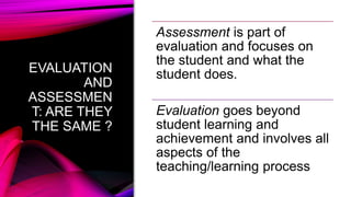 EVALUATION
AND
ASSESSMEN
T: ARE THEY
THE SAME ?
Assessment is part of
evaluation and focuses on
the student and what the
student does.
Evaluation goes beyond
student learning and
achievement and involves all
aspects of the
teaching/learning process
 