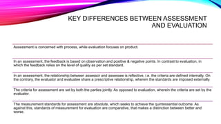 KEY DIFFERENCES BETWEEN ASSESSMENT
AND EVALUATION
Assessment is concerned with process, while evaluation focuses on product.
In an assessment, the feedback is based on observation and positive & negative points. In contrast to evaluation, in
which the feedback relies on the level of quality as per set standard.
In an assessment, the relationship between assessor and assessee is reflective, i.e. the criteria are defined internally. On
the contrary, the evaluator and evaluatee share a prescriptive relationship, wherein the standards are imposed externally.
The criteria for assessment are set by both the parties jointly. As opposed to evaluation, wherein the criteria are set by the
evaluator.
The measurement standards for assessment are absolute, which seeks to achieve the quintessential outcome. As
against this, standards of measurement for evaluation are comparative, that makes a distinction between better and
worse.
 