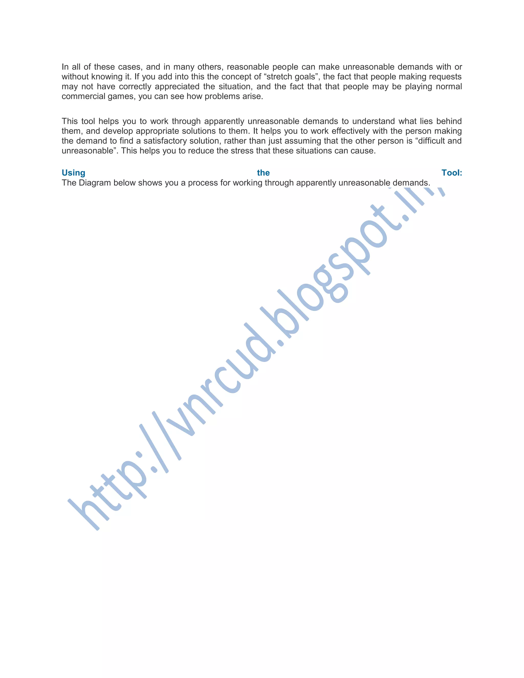 In all of these cases, and in many others, reasonable people can make unreasonable demands with or
without knowing it. If you add into this the concept of ―stretch goals‖, the fact that people making requests
may not have correctly appreciated the situation, and the fact that that people may be playing normal
commercial games, you can see how problems arise.
This tool helps you to work through apparently unreasonable demands to understand what lies behind
them, and develop appropriate solutions to them. It helps you to work effectively with the person making
the demand to find a satisfactory solution, rather than just assuming that the other person is ―difficult and
unreasonable‖. This helps you to reduce the stress that these situations can cause.
Using the Tool:
The Diagram below shows you a process for working through apparently unreasonable demands.
 