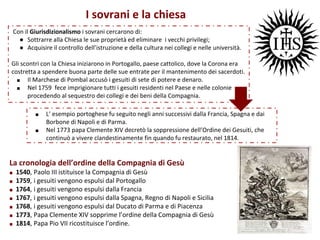 La cronologia dell’ordine della Compagnia di Gesù
■ 1540, Paolo III istituisce la Compagnia di Gesù
■ 1759, i gesuiti vengono espulsi dal Portogallo
■ 1764, i gesuiti vengono espulsi dalla Francia
■ 1767, i gesuiti vengono espulsi dalla Spagna, Regno di Napoli e Sicilia
■ 1768, i gesuiti vengono espulsi dal Ducato di Parma e di Piacenza
■ 1773, Papa Clemente XIV sopprime l’ordine della Compagnia di Gesù
■ 1814, Papa Pio VII ricostituisce l’ordine.
I sovrani e la chiesa
Con il Giurisdizionalismo i sovrani cercarono di:
● Sottrarre alla Chiesa le sue proprietà ed eliminare i vecchi privilegi;
● Acquisire il controllo dell’istruzione e della cultura nei collegi e nelle università.
Gli scontri con la Chiesa iniziarono in Portogallo, paese cattolico, dove la Corona era
costretta a spendere buona parte delle sue entrate per il mantenimento dei sacerdoti.
■ Il Marchese di Pombal accusò i gesuiti di sete di potere e denaro.
■ Nel 1759 fece imprigionare tutti i gesuiti residenti nel Paese e nelle colonie
procedendo al sequestro dei collegi e dei beni della Compagnia.
■ L’ esempio portoghese fu seguito negli anni successivi dalla Francia, Spagna e dai
Borbone di Napoli e di Parma.
■ Nel 1773 papa Clemente XIV decretò la soppressione dell’Ordine dei Gesuiti, che
continuò a vivere clandestinamente fin quando fu restaurato, nel 1814.
 