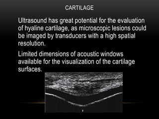 CARTILAGE
Ultrasound has great potential for the evaluation
of hyaline cartilage, as microscopic lesions could
be imaged by transducers with a high spatial
resolution.
Limited dimensions of acoustic windows
available for the visualization of the cartilage
surfaces.
 