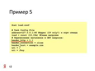 Пример	
  5	
  

    $cat load.conf

    # Tank Config File
    address=127.0.0.1:80 #Адрес (IP only!) и порт стенда
    load = const (10,10m) #Схема нагрузки
    # Перечисление заголовков и GET запросов:
    header_http = 1.1
    header_connection = close
    header_host = example.com
    uri = /
    uri = /buy




62	
  
 