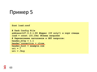 Пример	
  5	
  

    $cat load.conf

    # Tank Config File
    address=127.0.0.1:80 #Адрес (IP only!) и порт стенда
    load = const (10,10m) #Схема нагрузки
    # Перечисление заголовков и GET запросов:
    header_http = 1.1
    header_connection = close
    header_host = example.com
    uri = /
    uri = /buy




63	
  
 