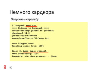 Немного	
  хардкора	
  
  Запускаем стрельбу

    $ lunapark ammo.txt
    ==== Welcome to Lunapark ====
    doctor-desktop.yandex.ru (doctor)
    phantom=0.14.0
    yandex-load-tank=N/A
    ammo=/home/doctor/10/ammo.txt

    ==== Stepper ====
    Creating cases tree: 100%

    Case: 3. Ammo type: request
    Ammo Generating: 100%
    lunapark: starting preproc...   Done




80	
  
 