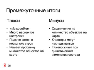 Промежуточные итоги
Плюсы                      Минусы
•  «Из коробки»            •  Ограничения на
•  Много вариантов            количество объектов на
   настройки                  карте
•  Подключается в          •  Кластеры могут
   несколько строк            накладываться
•  Решает проблему         •  Тяжело живет при
   множества объектов на      динамическом
   карте                      изменении состава


25
 