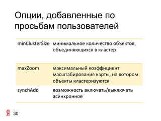 Опции, добавленные по
просьбам пользователей
 minClusterSize	
   минимальное	
  количество	
  объектов,	
  
                    объединяющихся	
  в	
  кластер	
  
                    	
  

 maxZoom	
  	
      максимальный	
  коэффициент	
  
                    масштабирования	
  карты,	
  на	
  котором	
  
                    объекты	
  кластеризуются	
  
 synchAdd	
  	
     возможность	
  включать/выключать	
  
                    асинхронное	
  	
  


30
 