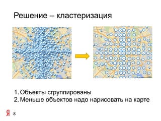 Решение – кластеризация




 1. Объекты сгруппированы
 2. Меньше объектов надо нарисовать на карте

8	
  
 