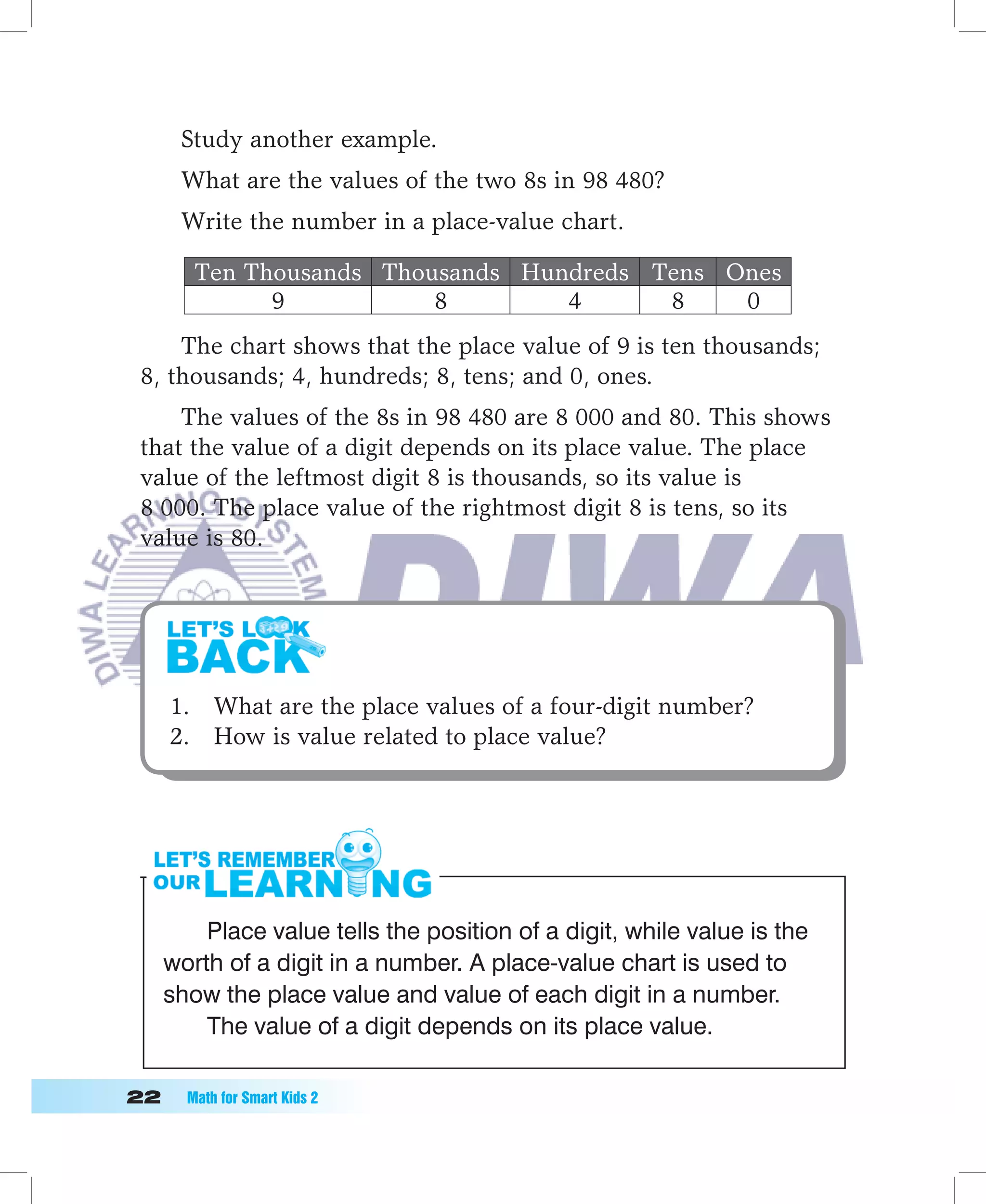 Study another example.
      What are the values of the two 8s in 98 480?
      Write the number in a place-value chart.

        Ten Thousands Thousands Hundreds Tens Ones
              9           8        4      8    0
     The chart shows that the place value of 9 is ten thousands;
 8, thousands; 4, hundreds; 8, tens; and 0, ones.
     The values of the 8s in 98 480 are 8 000 and 80. This shows
 that the value of a digit depends on its place value. The place
 value of the leftmost digit 8 is thousands, so its value is
 8 000. The place value of the rightmost digit 8 is tens, so its
 value is 80.




      1. What are the place values of a four-digit number?
      2. How is value related to place value?




       Place value tells the position of a digit, while value is the
   worth of a digit in a number. A place-value chart is used to
   show the place value and value of each digit in a number.
       The value of a digit depends on its place value.

	    Math	for	Smart	Kids	2
 