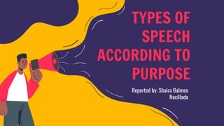 TYPES OF
SPEECH
ACCORDING TO
PURPOSE
Reported by: Shaira Balmeo
Nocillado
 