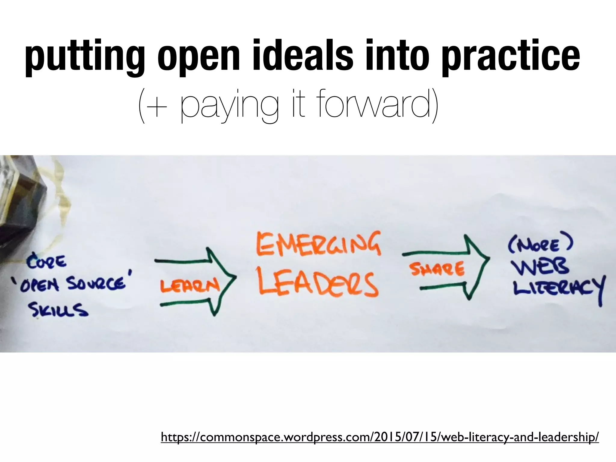 putting open ideals into practice
(+ paying it forward)
https://commonspace.wordpress.com/2015/07/15/web-literacy-and-leadership/
 