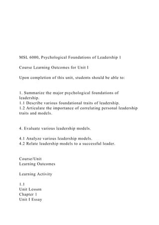 MSL 6000, Psychological Foundations of Leadership 1
Course Learning Outcomes for Unit I
Upon completion of this unit, students should be able to:
1. Summarize the major psychological foundations of
leadership.
1.1 Describe various foundational traits of leadership.
1.2 Articulate the importance of correlating personal leadership
traits and models.
4. Evaluate various leadership models.
4.1 Analyze various leadership models.
4.2 Relate leadership models to a successful leader.
Course/Unit
Learning Outcomes
Learning Activity
1.1
Unit Lesson
Chapter 1
Unit I Essay
 