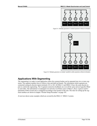 Manual 37444A MSLC-2 - Master Synchronizer and Load Control
© Woodward Page 151/198
Figure 8-1: Multiple generators in isolated operation without tie-breakers
Figure 8-2: Multiple generators in isolated / parallel to utility operation without tie-breakers
Applications With Segmenting
The segmenting is to make in each application where the common busbar can be separated into two or more seg-
ments. The segment numbers have to follow a line and shall not branch. The information which segments are
connected coming by discrete inputs terminals 141 to 148. All DSLC-2 and MSLC-2 have the same discrete in-
puts to control the segmenting. The 8 segment connection feedbacks are over-all the same and are logically ORed
to each other. The information is exchanged over network. In all these cases in Menu 5, Basic segment number
(parameter 4544) of each unit is configured according to the location of the unit. The rules for setting up the seg-
ment numbers are shown in chapter “Prestart Setup Procedure“ on page 105.
At next are shown some examples which are covered by the DSLC-2 / MSLC-2 system.
 