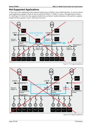 Manual 37444A MSLC-2 - Master Synchronizer and Load Control
Page 154/198 © Woodward
Not Supported Applications
A main rule in the segmenting is that segment numbers have to follow a line without branches. At next are shown
some application examples which are not covered by the DSLC-2 / MSLC-2 system. The application in Figure
8-7 and Figure 8-8 shows how the segment number line can branch. Another indication is the need for a segment
breaker between segment 3 and 5, which does not exists.
Figure 8-7: Not supported application
Figure 8-8: Not supported application
 
