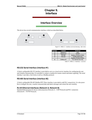 Manual 37444A MSLC-2 - Master Synchronizer and Load Control
© Woodward Page 157/198
Chapter 9.
Interface
Interface Overview
≡≡≡≡≡≡≡≡≡≡≡≡≡≡≡≡≡≡≡≡≡≡≡≡≡
The device has several communication interfaces which are described below.
Figure 9-1: MSLC-2 - interface overview (housing - side view)
Number Labeled Protocol
1 Network A UDP
2 Network B TCP/IP
3 RS-485 Modbus (Protocol 5200)
4 RS-232 ToolKit (ServLink)
Modbus (Protocol 5200)
5 CANbus #1 For internal use only
Table 9-1: MSLC-2 - Interfaces - overview
RS-232 Serial Interface (Interface #1)
A freely configurable RS-232 interface is provided to serve as a local service interface for configuring the unit
and visualize measured data. It is possible to connect a modem for remote control and alarm signaling. The serial
interface 1 provides a ServLink as well as a Modbus protocol.
RS-485 Serial Interface (Interface #2)
A freely configurable RS-485 Modbus RTU Slave interface is provided to add PLC connectivity. It is also possi-
ble to configure the unit, visualize measured data and alarm messages and control the unit remotely.
RJ-45 Ethernet Interfaces (Network A, Network B)
Standard Ethernet ports for device interconnection (Network A – UDP Protocol) and PLC connection
(Network B – TCP/IP Protocol).
 