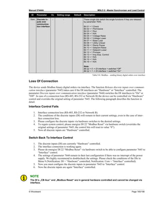 Manual 37444A MSLC-2 - Master Synchronizer and Load Control
© Woodward Page 165/198
ID Parameter CL Setting range Default Description
7644 Discrete in-
puts over
communica-
tion interface
- - - These single bits switch the single functions if they are released
by parameter 7645.
Bit 01 = 1 Check
Bit 02 = 1 Permissive
Bit 03 = 1 Run
Bit 04 = 1 N/A
Bit 05 = 1 Voltage Raise
Bit 06 = 1 Voltage Lower
Bit 07 = 1 Base Load
Bit 08 = 1 Utility Unload
Bit 09 = 1 Ramp Pause
Bit 10 = 1 Setpoint Raise
Bit 11 = 1 Setpoint Lower
Bit 12 = 1 Process
Bit 13 = 1 Imp./Exp. Control
Bit 14 = 1 N/A
Bit 15 = 1 N/A
Bit 16 = 1 N/A
Note:
Bit {x} = 0 -> DI interface = switched “Off”
Bit {x} = 1 -> DI interface = switched “On”
Table 9-8: Modbus – sending binary digital orders over interface
Loss Of Connection
The device sends Modbus binary digital orders via interface. The function Release discrete inputs over communi-
cation interface (parameter 7645) takes care if the DI interfaces are “Hardware” or “Interface” controlled. The
parameter Discrete inputs over communication interface (parameter 7644) switches the DI interfaces to “On” or
“Off”. In case of a connection loss (RS-485, RS-232 or Network B) the device can be controlled via “Hardware”
control and overrides the original setting of parameter 7645. The following paragraph describes the function in
detail.
Interface Control Fails
1. Interface connection loss (RS-485, RS-232 or Network B).
2. The conditions of the discrete inputs (DI) will remain in their current settings, even in the case of inter-
face connection loss.
3. Please configure the discrete inputs via hardware switches to the desired settings.
4. To regain system control, please energize DI 22 “Modbus Reset” via hardware switch (overrides the
original settings of parameter 7645; the control bits will reset to value “0”).
5. Now all discrete inputs are “Hardware” controlled.
Switch Back To Interface Control
1. The discrete inputs (DI) are currently “Hardware” controlled.
2. The interface connection is working again.
3. Please de-energize DI 22 “Modbus Reset” via hardware switch to be able to configure parameter 7645 to
“Interface” control.
4. The settings of parameter 7644 remain in their last configuration if there was no interrupt of the power
supply. We highly recommend to doublecheck the settings. Please check the conditions of the DIs in
Menu 9 (Notification: DI = “Hardware” controlled; Notification: Com = “Interface” controlled).
5. Now you must configure the discrete inputs in parameter 7645 to “Interface” control.
6. Now the discrete inputs are again “Interface” controlled.
NOTE
The DI´s „CB Aux“ and „Modbus Reset“ are in general hardware controlled and cannot be changed via
interface.
 