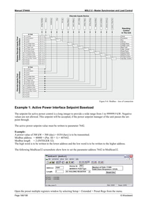 Manual 37444A MSLC-2 - Master Synchronizer and Load Control
Page 166/198 © Woodward
Figure 9-4: Modbus – loss of connection
Example 1: Active Power Interface Setpoint Baseload
The setpoint for active power control is a long integer to provide a wide range from 1 to 999999.9 kW. Negative
values are not allowed. This setpoint will be accepted, if the power setpoint manager of the unit passes the set-
point through.
The active power setpoint value must be written to parameter 7642.
Example:
A power value of 500 kW = 500 (dec) = 01F4 (hex) is to be transmitted.
Modbus address = 40000 + (Par. ID + 1) = 407642.
Modbus length = 2 (INTEGER 32).
The high word is to be written to the lower address and the low word is to be written to the higher address.
The following ModScan32 screenshots show how to set the parameter address 7642 in ModScan32.
Open the preset multiple registers window by selecting Setup > Extended > Preset Regs from the menu.
 