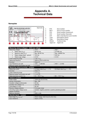 Manual 37444A MSLC-2 - Master Synchronizer and Load Control
Page 174/198 © Woodward
Appendix A.
Technical Data
Nameplate
1 P/N Item number
2 REV Item revision number
3 S/N Serial number (numerical)
4 S/N Serial number (barcode)
5 S/N Date of production (year-month)
6 Type Description (short)
7 Type Description (long)
8 Details Technical data
9 Approval Approvals
Measuring values (voltages) – delta-wye voltage
Measuring voltages 120 V 480 V
• Rated value (Vrated) 69/120 Vac 277/480 Vac
• Maximum value (Vmax) Max. 86/150 Vac Max. 346/600 Vac
• Rated voltage phase – ground 150 Vac 300 Vac
• Rated surge voltage 2.5 kV 4.0 kV
Linear measuring range 1.25 × Vrated
Measuring frequency 50/60 Hz (40.0 to 85.0 Hz)
Accuracy Class 0.5
Input Resistance per path 120V → 0.498 MΩ 480 V → 2.0 MΩ
Maximum power consumption per path < 0.15 W
Measuring values (currents) – isolated
Measuring current [1] Rated value (Irated) → ../1 A [5] Rated value (Irated) → ../5 A
Accuracy Class 0.5
Linear measuring range 1.5 × Irated
Maximum power consumption per path < 0.15 VA
Rated short-time current (1 s) [1] → 50.0 × Irated [5] → 10.0 × Irated
Ambient variables
Power supply 12/24 Vdc (8 to 40 Vdc)
Intrinsic consumption Max. 15W
Insulation voltage (continuously) 40 Vac
Insulation test voltage (1 s) 100 Vac
Overvoltage (≤ 2 min) 80 Vdc
Reverse voltage protection Full supply range
Grounding supply voltage source Isolated, negative potential or positive potential grounded
Degree of pollution 2
Maximum elevation 2000 m ASL
Discrete inputs – isolated
Input range (Vcont. dig. input) Rated voltage 12/24 Vdc (8 to 40.0 Vdc)
Input resistance Approx. 20 kΩ
 