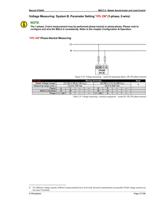 Manual 37444A MSLC-2 - Master Synchronizer and Load Control
© Woodward Page 31/198
Voltage Measuring: System B, Parameter Setting '1Ph 2W' (1-phase, 2-wire)
NOTE
The 1-phase, 2-wire measurement may be performed phase-neutral or phase-phase. Please note to
configure and wire the MSLC-2 consistently. Refer to the chapter Configuration & Operation.
'1Ph 2W' Phase-Neutral Measuring
Figure 2-16: Voltage measuring – system B measuring inputs, 1Ph 2W (phase-neutral)
1Ph 2W Wiring terminals Note
Rated voltage (range) [1] 120 V (50 to 130 Veff.) [4] 480 V (131 to 480 Veff.)
4
Measuring range (max.) [1] 0 to 150 Vac [4] 0 to 600 Vac
Figure A C --- --- B D --- ---
MSLC-2 terminal 37 39 --- --- 38 40 --- ---
Phase L1 / AØ N --- --- L1 / AØ N --- ---
Table 2-8: Voltage measuring - terminal assignment – system B, 1Ph 2W (phase-neutral)
4 For different voltage systems, different wiring terminals have to be used. Incorrect measurements are possible if both voltage systems use
the same N terminal.
 
