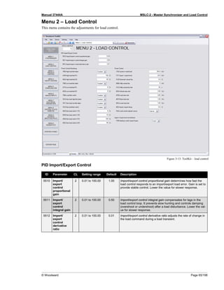 Manual 37444A MSLC-2 - Master Synchronizer and Load Control
© Woodward Page 65/198
Menu 2 – Load Control
This menu contains the adjustments for load control.
Figure 3-13: ToolKit – load control
PID Import/Export Control
ID Parameter CL Setting range Default Description
5510 Import/
export
control
proportional
gain
2 0.01 to 100.00 1.00 Import/export control proportional gain determines how fast the
load control responds to an import/export load error. Gain is set to
provide stable control. Lower the value for slower response.
5511 Import/
export
control
integral gain
2 0.01 to 100.00 0.50 Import/export control integral gain compensates for lags in the
load control loop. It prevents slow hunting and controls damping
(overshoot or undershoot) after a load disturbance. Lower the val-
ue for slower response.
5512 Import/
export
control
derivative
ratio
2 0.01 to 100.00 0.01 Import/export control derivative ratio adjusts the rate of change in
the load command during a load transient.
 