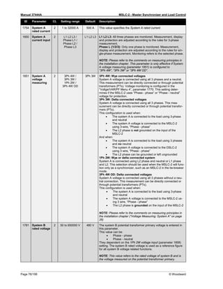 Manual 37444A MSLC-2 - Master Synchronizer and Load Control
Page 76/198 © Woodward
ID Parameter CL Setting range Default Description
1754 System A
rated current
2 1 to 32000 A 500 A This value specifies the System A rated current.
1850 System A
current input
2 L1 L2 L3 /
Phase L1 /
Phase L2 /
Phase L3
L1 L2 L3 L1 L2 L3: All three phases are monitored. Measurement, display
and protection are adjusted according to the rules for 3-phase
measurement.
Phase L {1/2/3}: Only one phase is monitored. Measurement,
display and protection are adjusted according to the rules for sin-
gle-phase measurement. Monitoring refers to the selected phase.
NOTE: Please refer to the comments on measuring principles in
the installation chapter. This parameter is only effective if System
A voltage measuring (parameter 1851) is configured to
“3Ph 4W”, “3Ph 3W” or “3Ph 4W OD”.
1851 System A
voltage
measuring
2 3Ph 4W /
3Ph 3W /
1Ph 2W /
3Ph 4W OD
3Ph 3W 3Ph 4W: Wye connected voltages
System A voltage is connected using all 3 phases and a neutral.
This measurement can be directly connected or through potential
transformers (PTs). Voltage monitoring is configured in the
“Voltge/VAR/PF Menu 4”, parameter 1770. This setting deter-
mines if the MSLC-2 uses “Phase - phase” or “Phase - neutral”
voltage for protection.
3Ph 3W: Delta connected voltages
System A voltage is connected using all 3 phases. This mea-
surement can be directly connected or through potential transfor-
mers (PTs).
This configuration is used when:
• The system A is connected to the load using 3-phase
and neutral
• The system A voltage is connected to the MSLC-2
using 3-wire, “Phase - phase”
• The L2 phase is not grounded on the input of the
MSLC-2
And when:
• The system A is connected to the load using 3 phases
and no neutral
• The system A voltage is connected to the DSLC-2
using 3 wire, “Phase - phase”
• The L2 phase can be grounded or left ungrounded
1Ph 2W: Wye or delta connected system
System A is connected using L2 phase and neutral or L1 phase
and L2. This selection should be used when the MSLC-2 will func-
tion only as a synchronizer, such as an MSLC-2 in the tie-breaker
mode.
3Ph 4W OD: Delta connected voltages
System A voltage is connected using all 3 phases without a neu-
tral connection. This measurement can be directly connected or
through potential transformers (PTs).
This configuration is used when:
• The system A is connected to the load using 3-phase
and neutral
• The system A voltage is connected to the MSLC-2 us-
ing 3 wire, “Phase - phase”
• The L2 phase is grounded on the input of the MSLC-2
NOTE: Please refer to the comments on measuring principles in
the installation chapter (“Voltage Measuring: System A” on page
26)
1781 System B
rated voltage
2 50 to 650000 V 480 V The system B potential transformer primary voltage is entered in
this parameter.
This value can be:
• Phase - phase
• Phase - neutral
They dependent on the 1Ph 2W voltage input (parameter 1858)
setting. The system B rated voltage is used as a reference figure
for all system B voltage related functions.
NOTE: This value refers to the rated voltage of system B and is
the voltage measured on the potential transformer primary.
 