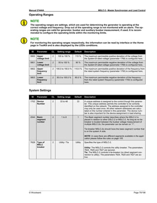 Manual 37444A MSLC-2 - Master Synchronizer and Load Control
© Woodward Page 79/198
Operating Ranges
NOTE
The operating ranges are settings, which are used for determining the generator is operating at the
correct voltage and frequency. Drop out of the operating range is not monitored with an alarm. The op-
erating ranges are valid for generator, busbar and auxiliary busbar measurement, if used. It is recom-
mended to configure the operating limits within the monitoring limits.
NOTE
For monitoring the operating ranges respectively, the information can be read by interface or the Home
page in ToolKit and is also displayed by the LEDs conditions.
ID Parameter CL Setting range Default Description
5800 Upper
voltage limit
2 100 to 150 % 110 % The maximum permissible positive deviation of the voltage from
the System B rated voltage (parameter 1768) is configured here.
5801 Lower
voltage limit
2 50 to 100 % 90 % The maximum permissible negative deviation of the voltage from
the System B rated voltage (parameter 1768) is configured here.
5802 Upper
frequency
limit
2 100.0 to 150.0 % 110.0 % The maximum permissible positive deviation of the frequency from
the rated system frequency (parameter 1750) is configured here.
5803 Lower
frequency
limit
2 50.0 to 100.0 % 90.0 % The maximum permissible negative deviation of the frequency
from the rated system frequency (parameter 1750) is configured
here.
System Settings
ID Parameter CL Setting range Default Description
1702 Device
Number
2 33 to 48 33 A unique address is assigned to the control though this parame-
ter. This unique address permits the controller to be correctly
identified on the network. The address assigned to the controller
may only be used once. All other network addresses are calcu-
lated on the number entered in this parameter. The device num-
ber is also important for the device assignment in load sharing.
4544 Basic
segment
number
2 1 to 8 1 The Basic segment number describes where the MSLC-2 is
placed in relation to other DSLC-2 or MSLC-2. As long as no tie-
breaker is located between the busbar voltage measurement of
multiple MSLC-2s, the parameter can be remain on “1”.
Tie-breaker MSLC-2s should have the basic segment number that
is on the system A side.
NOTE: In case there are different segments available in the appli-
cation please follow the rules on page 105.
7628 Type of
MSLC
breaker
2 Utility / Tie Utility Specifies the type of MSLC-2.
Utility: The MSLC-2 controls the utility breaker. The parameters
7624, 7625 and 7627 are ignored.
Tie: The MSLC-2 controls a tie-breaker (no direct segment con-
nection to utility). The parameters 7624, 7625 and 7627 are ac-
tive.
 