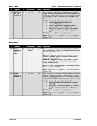 Manual 37444A MSLC-2 - Master Synchronizer and Load Control
Page 80/198 © Woodward
ID Parameter CL Setting range Default Description
7626 Switch alive
bus A ->
dead bus B
2 Yes / No Yes There could come up a situation that a live busbar at measure-
ment A shall be closed on a dead busbar at measurement B. This
configuration is allowing the closure in such a case. If this closure
is not allowed, the MSLC-2 would not close the breaker in this
case.
Yes: The closure is allowed in such a situation, if:
• Dead busbar closure is enabled (Menu 5,
parameter 7555) AND
• The live busbar A is within the operating ranges
(parameter 5800 to parameter 5803) AND
• The busbar B is dead in the sense of the parameter
Dead bus detection max. volt. (Menu 5, parameter
5820).
No: The closure is not allowed in such a situation.
NOTE: This parameter is only effective, if parameter 7628 is con-
figured to "Tie".
Tie-breaker
ID Parameter CL Setting range Default Description
7624 Smaller
segment at
measure-
ment
2 System A /
System B
System A The measurement connections A and B could be turned depend-
ing on the application. The MSLC-2 needs this information for the
automatic segment allocation.
System A: The segment number of the bar at which the mea-
surement system A is connected is smaller than the segment
number at measurement B.
System B: The segment number of the bar at which the mea-
surement system B is connected is smaller than the segment
number at measurement A.
NOTE: For further information refer to the description in Chapter 8
“Network / System Description”.
NOTE: This parameter is only effective, if parameter 7628 is con-
figured to "Tie".
7625 Switch
deadbus A ->
dead bus B
2 Yes / No Yes There could come up a situation that both sides of the breaker are
dead and a close command is given to the tie MSLC-2. This con-
figuration is allowing the closure in such a case. If this closure is
not allowed, the MSLC-2 would not close the breaker in this case.
Yes: The closure is allowed in such a situation, if:
• Dead busbar closure is enabled (Menu 5, parameter
7555) AND
• Both busbars are dead in the sense of the parameter
Dead bus detection max. volt. (Menu 5, parameter
5820).
No: The closure is not allowed in such a situation.
NOTE: This parameter is only effective, if parameter 7628 is con-
figured to "Tie".
 