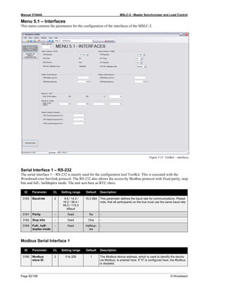 Manual 37444A MSLC-2 - Master Synchronizer and Load Control
Page 82/198 © Woodward
Menu 5.1 – Interfaces
This menu contains the parameters for the configuration of the interfaces of the MSLC-2.
Figure 3-21: ToolKit – interfaces
Serial Interface 1 – RS-232
The serial interface 1 – RS-232 is mainly used for the configuration tool ToolKit. This is executed with the
Woodward own Servlink protocol. The RS-232 also allows the access by Modbus protocol with fixed parity, stop
bits and full-, halfduplex mode. The unit acts here as RTU slave.
ID Parameter CL Setting range Default Description
3163 Baudrate 2 9.6 / 14.4 /
19.2 / 38.4 /
56.0 / 115.0
kBaud
19.2 kBd This parameter defines the baud rate for communications. Please
note, that all participants on the bus must use the same baud rate.
3161 Parity - fixed No -
3162 Stop bits - fixed One -
3164 Full-, half-
duplex mode
- fixed Halfdup-
lex
-
Modbus Serial Interface 1
ID Parameter CL Setting range Default Description
3185 Modbus
slave ID
2 0 to 255 1 The Modbus device address, which is used to identify the device
via Modbus, is entered here. If "0" is configured here, the Modbus
is disabled.
 