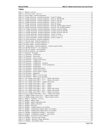 Manual 37444A MSLC-2 - Master Synchronizer and Load Control
© Woodward Page 9/198
Tables
Table 1-1: Manual - overview................................................................................................................................................... 11
Table 2-1: Conversion chart - wire size .................................................................................................................................... 24
Table 2-2: Power supply - terminal assignment........................................................................................................................ 25
Table 2-3: Voltage measuring – terminal assignment – system A voltage................................................................................ 26
Table 2-4: Voltage measuring - terminal assignment – system A, 3Ph 4W OD........................................................................ 27
Table 2-5: Voltage measuring – terminal assignment – system A, 3Ph 4W ............................................................................. 28
Table 2-6: Voltage measuring - terminal assignment – system A, 3Ph 3W .............................................................................. 29
Table 2-7: Voltage measuring - terminal assignment – system B voltage................................................................................. 30
Table 2-8: Voltage measuring - terminal assignment – system B, 1Ph 2W (phase-neutral)...................................................... 31
Table 2-9: Voltage measuring - terminal assignment – system B, 1Ph 2W (phase-phase) ....................................................... 32
Table 2-10: Voltage measuring - terminal assignment - auxiliary system B voltage ................................................................ 33
Table 2-11: Voltage measuring - terminal assignment - auxiliary system B, 3Ph 4W.............................................................. 34
Table 2-12: Voltage measuring - terminal assignment - auxiliary system B, 3Ph 3W.............................................................. 35
Table 2-13: Current measuring - terminal assignment – system A current ............................................................................... 36
Table 2-14: Current measuring - terminal assignment – system A, L1 L2 L3 .......................................................................... 37
Table 2-15: Current measuring - terminal assignment - system A, phase Lx............................................................................ 37
Table 2-16: Power measuring - terminal assignment ................................................................................................................ 38
Table 2-17: Discrete input - terminal assignment 1/2 ............................................................................................................... 41
Table 2-18: Discrete input - terminal assignment 2/2 ............................................................................................................... 42
Table 2-20: Relay outputs - terminal assignment...................................................................................................................... 43
Table 2-21: Analog inputs - terminal assignment - wiring two-pole senders............................................................................ 45
Table 2-22: RS-485 interface #1 - pin assignment.................................................................................................................... 46
Table 2-23: RS-232 interface - pin assignment......................................................................................................................... 47
Table 2-24: RJ-45 interfaces - pin assignment.......................................................................................................................... 47
Table 3-7: Parameter - homepage ............................................................................................................................................. 58
Table 3-12: Parameter – synchronizer....................................................................................................................................... 64
Table 3-14: Parameter – load control........................................................................................................................................ 68
Table 3-16: Parameter – process control................................................................................................................................... 70
Table 3-18: Parameter – voltage/var/pf control......................................................................................................................... 74
Table 3-20: Parameter – configuration...................................................................................................................................... 81
Table 3-22: Parameter – configuration – interfaces .................................................................................................................. 84
Table 3-24: Parameter – configuration – system management.................................................................................................. 87
Table 3-30: Parameter – analog inputs...................................................................................................................................... 91
Table 3-32: Parameter – electrical parameters .......................................................................................................................... 94
Table 3-34: Parameter – control status monitor ........................................................................................................................ 97
Table 3-36: Parameter – discrete inputs / outputs ................................................................................................................... 100
Table 3-38: Parameter – diagnostics ....................................................................................................................................... 102
Table 3-29: Parameter – DSLC-2 overview page ................................................................................................................... 103
Table 3-30: Parameter – MSLC-2 overview page................................................................................................................... 104
Table 4-1: Low voltage system 480 V / 277 V – 3-phase with neutral ................................................................................... 124
Table 4-2: Low voltage system 480 V / 277 V – 3-phase with neutral ................................................................................... 125
Table 4-3: Low voltage system 480 V – 3-phase with neutral................................................................................................ 126
Table 4-4: Low voltage system 600 V / 346 V – 3-phase ....................................................................................................... 127
Table 4-5: Low voltage system 600 V / 346 V – 3-phase ....................................................................................................... 128
Table 4-6: Low voltage system 600 V / 346 V – 3-phase ....................................................................................................... 129
Table 4-7: Low voltage system 600 V / 346 V – 3-phase with neutral ................................................................................... 130
Table 4-8: Low voltage system 600 V / 346 V – 3-phase with neutral ................................................................................... 131
Table 4-9: Low voltage system 600 V / 346 V – 3-phase with neutral ................................................................................... 132
Table 4-10: Low voltage system 600 V / 346 V – 3-phase with neutral ................................................................................. 133
Table 4-11: Middle voltage system 20 kV – 3-phase without neutral..................................................................................... 134
Table 4-12: Middle voltage system 20 kV – 3-phase without neutral..................................................................................... 135
Table 9-1: MSLC-2 - Interfaces - overview............................................................................................................................ 157
Table 9-2: Modbus - address range......................................................................................................................................... 160
Table 9-3: Modbus - address range block read........................................................................................................................ 161
Table 9-4: Modbus - address calculation ................................................................................................................................ 162
Table 9-5: Modbus - data types............................................................................................................................................... 162
Table 9-6: Modbus – sending setpoint sover interface............................................................................................................ 163
Table 9-7: Modbus – sending binary digital orders over interface.......................................................................................... 164
Table 9-8: Modbus – sending binary digital orders over interface.......................................................................................... 165
Figure 9-5: Modbus - configuration example 1 - active power ............................................................................................... 167
Figure 9-6: Modbus - configuration example 2 – power factor............................................................................................... 168
Table 9-9: Modbus – password for serial interface 1 .............................................................................................................. 169
Table 9-10: Modbus – generator rated voltage........................................................................................................................ 170
Table 9-11: Modbus – generator voltage measuring............................................................................................................... 170
Table 9-12: Modbus – reset default values.............................................................................................................................. 171
 