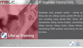 #1 Developer Training Track


                   Developer track program outline - setting up
                   liferay dev env, liferay source, portlet API (ins &
                   outs including using Spring MVC, Struts, JSF
                   frameworks), liferay service builder, customizing
                   liferay security, liferay kooks, liferay themes,
                   customizing OOBT portlets using liferay ext and
                   lot more...

Liferay Training


                                                                     7
 