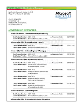 Last Activity Recorded : October 15, 2010
Microsoft Certification ID : 2630291


JEROEN LEENDERTS
AKKERMUNT 136
BODEGRAVEN, ZH 2412AB NL
microsoft@ourlinks.nl


ACTIVE MICROSOFT CERTIFICATIONS:

   Microsoft Certified Systems Administrator: Security

       Certification Number : A331-4566                           Achievement Date :   11/07/2008
       Certification/Version : Microsoft Windows Server 2003

   Microsoft Certified Systems Engineer: Security

       Certification Number : A698-9027                           Achievement Date :   11/07/2008
       Certification/Version : Microsoft Windows Server 2003

   Microsoft Certified Systems Engineer: Messaging

       Certification Number : A698-9035                           Achievement Date :   10/30/2008
       Certification/Version : Microsoft Windows Server 2003




                         ID: 2630291
   Microsoft® Certified IT Professional ﴾MCITP﴿

       Certification Number : A698-9072                           Achievement Date :   10/15/2010
       Certification/Version : Virtualization Administrator on
                               Windows Server® 2008 R2

       Certification Number : A698-9070                           Achievement Date :   01/15/2010
       Certification/Version : Enterprise Desktop Administrator
                               on Windows® 7

       Certification Number : A698-9071                           Achievement Date :   10/09/2009
       Certification/Version : Enterprise Desktop Support
                               Technician on Windows® 7

       Certification Number : A698-9060                           Achievement Date :   07/18/2008
       Certification/Version : Enterprise Administrator on
                               Windows Server® 2008

   Microsoft Certified Systems Engineer

       Certification Number : A698-9028                           Achievement Date :   05/23/2008
       Certification/Version : Microsoft Windows Server 2003

   Microsoft Certified Systems Administrator: Messaging
 