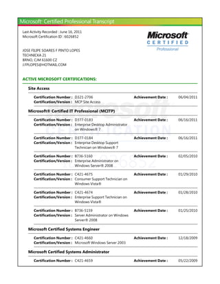 Last Activity Recorded : June 16, 2011
Microsoft Certification ID : 6026852


JOSE FILIPE SOARES F PINTO LOPES
TECHNICKA 21
BRNO, CJM 61600 CZ
J.FPLOPES@HOTMAIL.COM


ACTIVE MICROSOFT CERTIFICATIONS:

   Site Access

       Certification Number : D321-2706                           Achievement Date :   06/04/2011
       Certification/Version : MCP Site Access

   Microsoft® Certified IT Professional ﴾MCITP﴿

       Certification Number : D377-0183                           Achievement Date :   06/16/2011
       Certification/Version : Enterprise Desktop Administrator
                               on Windows® 7

       Certification Number : D377-0184                           Achievement Date :   06/16/2011
       Certification/Version : Enterprise Desktop Support
                               Technician on Windows® 7




                         ID: 6026852
       Certification Number : B736-5160                           Achievement Date :   02/05/2010
       Certification/Version : Enterprise Administrator on
                               Windows Server® 2008

       Certification Number : C421-4675                           Achievement Date :   01/29/2010
       Certification/Version : Consumer Support Technician on
                               Windows Vista®

       Certification Number : C421-4674                           Achievement Date :   01/28/2010
       Certification/Version : Enterprise Support Technician on
                               Windows Vista®

       Certification Number : B736-5159                           Achievement Date :   01/25/2010
       Certification/Version : Server Administrator on Windows
                               Server® 2008

   Microsoft Certified Systems Engineer

       Certification Number : C421-4660                           Achievement Date :   12/18/2009
       Certification/Version : Microsoft Windows Server 2003

   Microsoft Certified Systems Administrator

       Certification Number : C421-4659                           Achievement Date :   05/22/2009
 