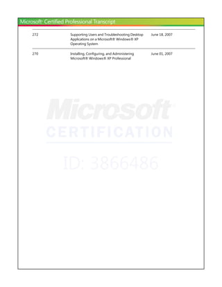 272   Supporting Users and Troubleshooting Desktop   June 18, 2007
      Applications on a Microsoft® Windows® XP
      Operating System

270   Installing, Configuring, and Administering     June 01, 2007
      Microsoft® Windows® XP Professional




      ID: 3866486
 