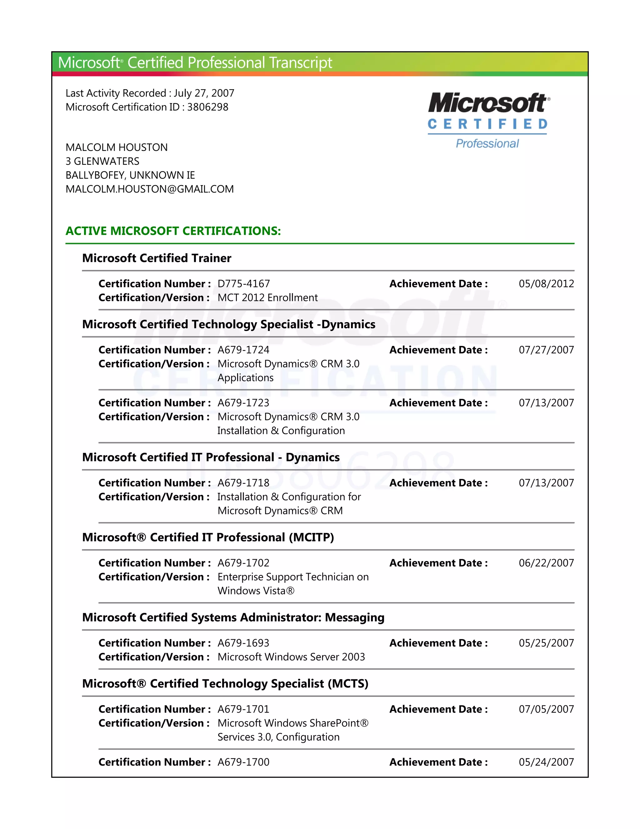 Microsoft Learning Transcript | PDF