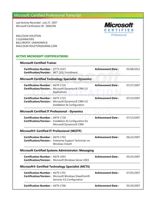 Last Activity Recorded : July 27, 2007
Microsoft Certification ID : 3806298


MALCOLM HOUSTON
3 GLENWATERS
BALLYBOFEY, UNKNOWN IE
MALCOLM.HOUSTON@GMAIL.COM


ACTIVE MICROSOFT CERTIFICATIONS:

   Microsoft Certified Trainer

       Certification Number : D775-4167                           Achievement Date :   05/08/2012
       Certification/Version : MCT 2012 Enrollment

   Microsoft Certified Technology Specialist -Dynamics

       Certification Number : A679-1724                           Achievement Date :   07/27/2007
       Certification/Version : Microsoft Dynamics® CRM 3.0
                               Applications

       Certification Number : A679-1723                           Achievement Date :   07/13/2007
       Certification/Version : Microsoft Dynamics® CRM 3.0
                               Installation & Configuration




                          ID: 3806298
   Microsoft Certified IT Professional - Dynamics

       Certification Number : A679-1718                           Achievement Date :   07/13/2007
       Certification/Version : Installation & Configuration for
                               Microsoft Dynamics® CRM

   Microsoft® Certified IT Professional ﴾MCITP﴿

       Certification Number : A679-1702                           Achievement Date :   06/22/2007
       Certification/Version : Enterprise Support Technician on
                               Windows Vista®

   Microsoft Certified Systems Administrator: Messaging

       Certification Number : A679-1693                           Achievement Date :   05/25/2007
       Certification/Version : Microsoft Windows Server 2003

   Microsoft® Certified Technology Specialist ﴾MCTS﴿

       Certification Number : A679-1701                           Achievement Date :   07/05/2007
       Certification/Version : Microsoft Windows SharePoint®
                               Services 3.0, Configuration

       Certification Number : A679-1700                           Achievement Date :   05/24/2007
 