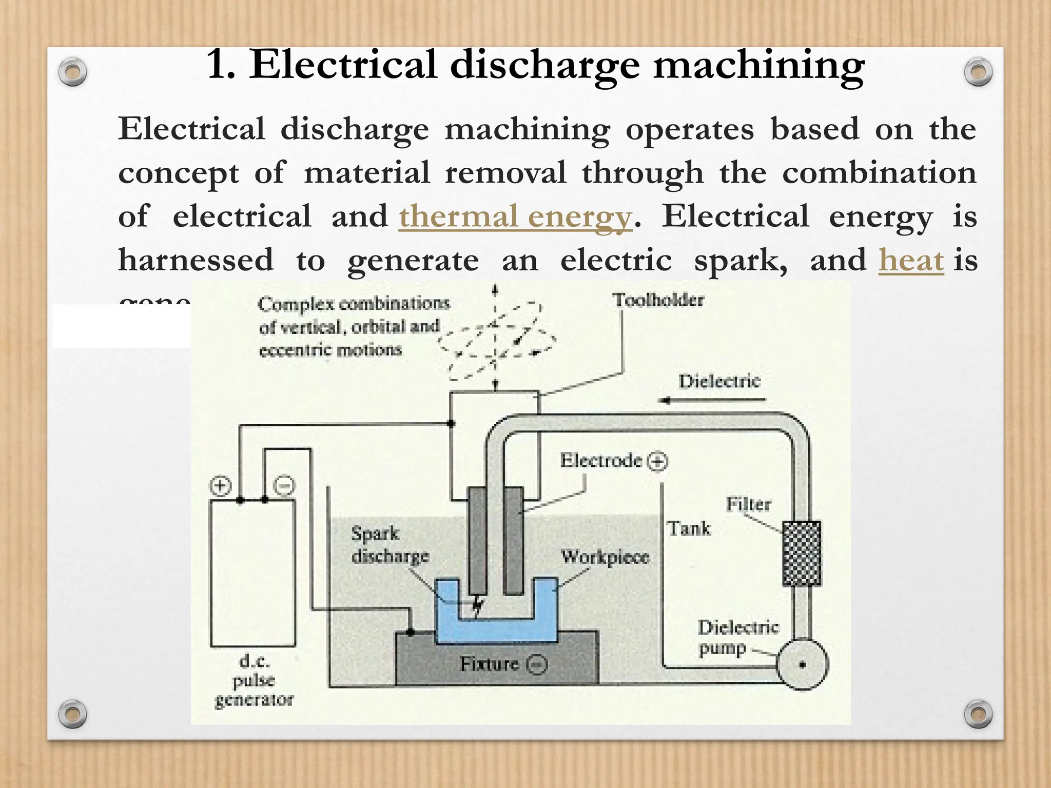 Electrical discharge machining operates based on the
concept of material removal through the combination
of electrical and thermal energy. Electrical energy is
harnessed to generate an electric spark, and heat is
generated as a result of metal erosion
1. Electrical discharge machining
 