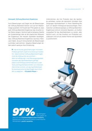 11MSL-Gesundheitsstudie 2014
der befragten
PTAs geben an,
dass sich die Glaubwürdigkeit eines Produkts,
bedingt durch die wissenschaftlich untermauerte
Wirksamkeit, positiv auswirke.
97%
Zwiespalt: Stiftung-Warentest-Ergebnisse
Auch Bewertungen und Siegel wie die Bewertungen
der Stiftung Warentest können sich auf ein Marken-
image auswirken: 42 Prozent der PTAs geben an, dass
gute Stiftung-Warentest-Ergebnisse das Ansehen ei-
ner Marke steigern. Dennoch gibt es teilweise Zweifel
am Studiendesign oder an der praktischen Relevanz
der Ergebnisse. Die meisten Apotheker bestätigen,
dass Stiftung-Warentest-Ergebnisse durchaus Rele-
vanz haben, da auch Konsumenten die Bewertungen
zumindest wahrnehmen. Negative Bewertungen än-
dern jedoch wenig an ihrer Einstellung.
	 Hat ein Kunde gute Erfahrungen mit einem
Produkt gemacht, kauft er es meist auch weiter-
hin. Jedoch können Stiftung-Warentest-Ergeb-
nisse die Verbraucher verunsichern –
dann ist Aufklärungs- und Überzeugungsarbeit
vonseiten des Apothekenteams gefragt.
Daher sind Hintergrundinformationen zu den
Tests und Argumentationshilfen von Unterneh-
men immer sinnvoll, um das Apothekenteam
für eventuell kritische Nachfragen durch Kun-
den zu wappnen. – Elisabeth Mayer –
Unternehmen, die ihre Produkte über die Apothe-
ke vertreiben, sollten die speziellen Vorlieben ihrer
Zielgruppe Apothekenteam in ihrem Marketing-Mix
auch vor diesem Hintergrund berücksichtigen. Infor-
mationen und Beratungstipps zu Stiftung-Warentest-
Ergebnissen sind ein sinnvoller Baustein, um Aufklä-
rungsarbeit für das Apothekenteam zu leisten, aber
letztlich auch, um das Ansehen von Produkten auf-
zubessern und sich als starker Partner der Apotheken
zu positionieren.
 