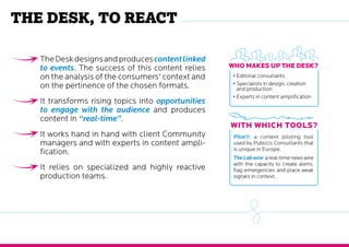 The Desk, to react
Who makes up the Desk?
With which tools?
•	Editorial consultants
•	Specialists in design, creation
and production
•	Experts in content amplification
Pilot®: a content piloting tool
used by Publicis Consultants that
is unique in Europe.
TheLabwire:areal-timenewswire
with the capacity to create alerts,
flag emergencies and place weak
signals in context.
TheDeskdesignsandproducescontentlinked
to events. The success of this content relies
on the analysis of the consumers' context and
on the pertinence of the chosen formats.
It transforms rising topics into opportunities
to engage with the audience and produces
content in “real-time”.
It works hand in hand with client Community
managers and with experts in content ampli-
fication.
It relies on specialized and highly reactive
production teams.
 