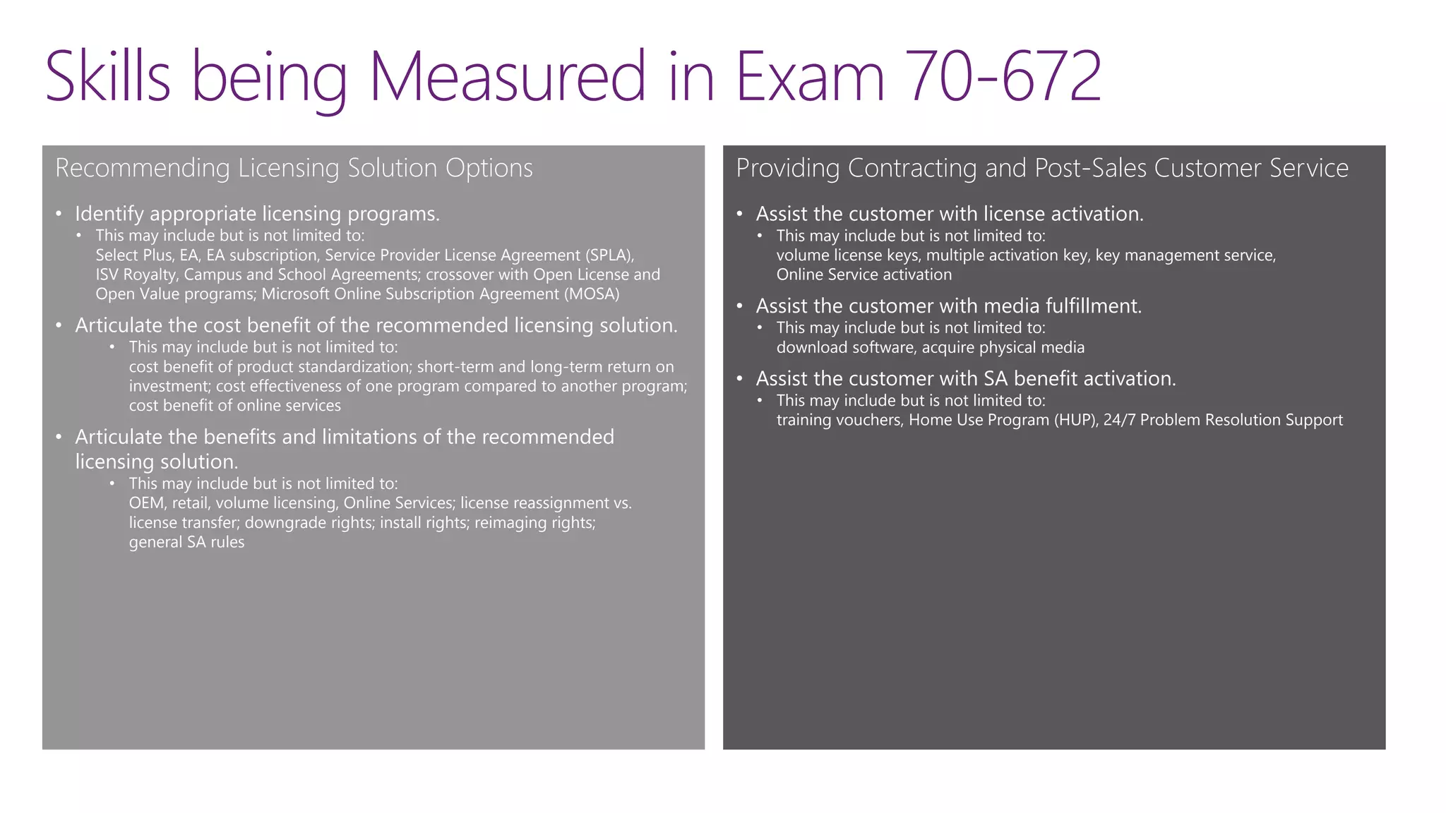 Skills being Measured in Exam 70-672
Recommending Licensing Solution Options
• Identify appropriate licensing programs.
• This may include but is not limited to:
Select Plus, EA, EA subscription, Service Provider License Agreement (SPLA),
ISV Royalty, Campus and School Agreements; crossover with Open License and
Open Value programs; Microsoft Online Subscription Agreement (MOSA)
• Articulate the cost benefit of the recommended licensing solution.
• This may include but is not limited to:
cost benefit of product standardization; short-term and long-term return on
investment; cost effectiveness of one program compared to another program;
cost benefit of online services
• Articulate the benefits and limitations of the recommended
licensing solution.
• This may include but is not limited to:
OEM, retail, volume licensing, Online Services; license reassignment vs.
license transfer; downgrade rights; install rights; reimaging rights;
general SA rules
Providing Contracting and Post-Sales Customer Service
• Assist the customer with license activation.
• This may include but is not limited to:
volume license keys, multiple activation key, key management service,
Online Service activation
• Assist the customer with media fulfillment.
• This may include but is not limited to:
download software, acquire physical media
• Assist the customer with SA benefit activation.
• This may include but is not limited to:
training vouchers, Home Use Program (HUP), 24/7 Problem Resolution Support
 