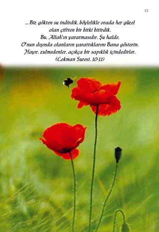 13
...... BBiizz ggöökktteenn ssuu iinnddiirrddiikk,, bbööyylleelliikkllee oorraaddaa hheerr ggüüzzeell
oollaann ççiifftttteenn bbiirr bbiittkkii bbiittiirrddiikk..
BBuu,, AAllllaahh''››nn yyaarraattmmaass››dd››rr.. ﬁﬁuu hhaallddee,,
OO''nnuunn dd››ﬂﬂ››nnddaa oollaannllaarr››nn yyaarraatttt››kkllaarr››nn›› BBaannaa ggöösstteerriinn..
HHaayy››rr,, zzuullmmeeddeennlleerr,, aaçç››kkççaa bbiirr ssaapp››kkll››kk iiççiinnddeeddiirrlleerr..
((LLookkmmaann SSuurreessii,, 1100--1111))
 