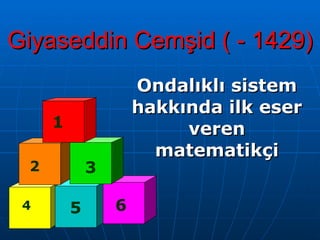 Giyaseddin Cemşid ( - 1429) Ondalıklı sistem hakkında ilk eser veren matematikçi 1 2 3 4 5 6 