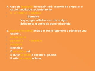 A. Aspecto ingresivo: la acción está a punto de empezar o
   acción realizada recientemente.
  Ir a / Estar a + infinitivo
                Ejemplos:
           Voy a jugar al fútbol con mis amigos.
           Estábamos a punto de ganar el partido.

B. Aspecto incoativo: indica el inicio repentino o súbito de una
   acción .
  echar (se) a
  ponerse a      + infinitivo
  romper a
  Ejemplos:
  Él se echó a reír.
  El autor se pone a escribir el poema.
  El niño se rompe a llorar.
 