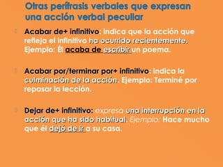    Acabar de+ infinitivo: indica que la acción que
                    infinitivo
    refleja el infinitivo ha ocurrido recientemente.
    Ejemplo: Él acaba de escribir un poema.

   Acabar por/terminar por+ infinitivo: indica la
                               infinitivo
    culminación de la acción. Ejemplo: Terminé por
                        acción
    repasar la lección.

   Dejar de+ infinitivo: expresa una interrupción en la
    acción que ha sido habitual. Ejemplo: Hace mucho
                          habitual
    que él dejó de ir a su casa.
 