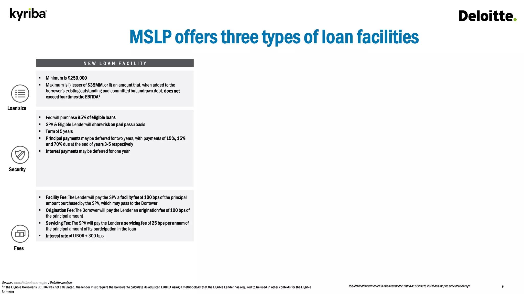 9
N E W L O A N F A C I L I T Y P R I O R I T Y L O A N F A C I L I T Y E X P A N D E D L O A N F A C I L I T Y
 Minimumis $250,000
 Maximumis i) lesserof $35MM,or ii) an amountthat, when added to the
borrower’s existing outstanding and committedbutundrawn debt, doesnot
exceedfourtimestheEBITDA1
 Minimumis $250,000
 Maximumis i) lesserof $50MM,or ii) an amountthat, when added to the
borrower’s existing outstanding and committedbutundrawn debt, doesnot
exceedsixtimestheEBITDA1
 Minimumis $10,000,000
 Maximumis i) lesserof $300MM,orii) an amountthat, whenadded to the
borrower’s existing outstanding and committedbutundrawn debt, doesnot
exceedsixtimestheEBITDA1
 Fed will purchase95% ofeligibleloans
 SPV & Eligible Lenderwill shareriskonparipassubasis
 Termof 5 years
 Principalpaymentsmaybe deferredfor two years, with paymentsof 15%,15%
and 70%dueat the end of years3-5respectively
 Interestpaymentsmay be deferredfor one year
 Fed will purchase95% ofeligiblePriorityloans
 SPV & Eligible Lenderwill shareriskonparipassubasis
 Includesmodified eligibility covenant regarding debtrepayment,allowing
borrowertorefinanceexistingdebtowedto another lender
 Termof 5 years
 Principalpaymentsmaybe deferredfor two years, and paymentsof 15%,15%and
70% willbe dueat the end of years3-5respectively
 Interestpaymentsmay be deferredfor one year
 Fed will purchase95% ofeligibleloans
 SPV & Eligible Lenderwill sharetherisksofthe upsizedtranche on a pari passu
basis (the upsidetranche lender is not required to be the samelender that
extendedthe loan, butmustexclusivelyretain the 5% of the upsizetranche)
 Termof 5 years
 Principalpaymentsmaybe deferredtwo years, and payments of 15%,15%and
70% willbe dueat the end of years3-5respectively
 Interestpaymentsmay be deferredfor one year
 Any collateralsecuringan Eligible Loan, whether suchcollateral was pledged
underthe original terms of the Eligible Loanor at the time of upsizing,willsecure
the loanparticipationonaproratabasis
 FacilityFee:The Lenderwill pay the SPV a facilityfeeof 100bpsofthe principal
amountpurchasedby the SPV, which maypass to the Borrower
 OriginationFee:The Borrower will pay the Lenderan originationfeeof100bpsof
the principal amount
 ServicingFee:The SPV will pay the Lendera servicingfeeof25bpsperannumof
the principal amountof its participation in the loan
 InterestrateofLIBOR+ 300 bps
 FacilityFee:TheLenderwill pay the SPV a facilityfeeof 100bpsofthe principal
amountpurchasedby the SPV, which maypass to the Borrower
 OriginationFee:TheBorrower will pay the Lenderan originationfeeof100bpsof
the principal amount
 ServicingFee:TheSPV will pay the Lendera servicingfeeof25bpsperannumof
the principal amountof its participation in the loan
 InterestrateofLIBOR+300 bps
 FacilityFee:TheBorrower will pay the Lender 75bpsof the principal amountof
the upsizedtranche of the loan atthe timeofupsizing
 OriginationFee:TheBorrower will pay the Lenderan originationfeeof75bpsof
the principal amount
 ServicingFee:The SPV will pay the Lendera servicingfeeof25bpsperannumof
the principal amountof its participation in the upsizedtranche of the loan
 InterestrateofLIBOR+ 300 bps
MSLP offers three types of loan facilities
Fees
Security
Loansize
Source : www.Federalreserve.gov , Deloitte analysis
1 If the Eligible Borrower’s EBITDA was not calculated, the lender must require the borrower to calculate its adjusted EBITDA using a methodology that the Eligible Lender has required to be used in other contexts for the Eligible
Borrower
Theinformationpresentedin thisdocument is dated as of June8, 2020 and may be subject to change
 