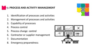7. PROCESS AND ACTIVITY MANAGEMENT
1. Identification of processes and activities
2. Management of processes and activities
3. Capability of processes
4. Process control
5. Process change control
6. Contractor or supplier management
7. Documentation
8. Emergency preparedness
 
