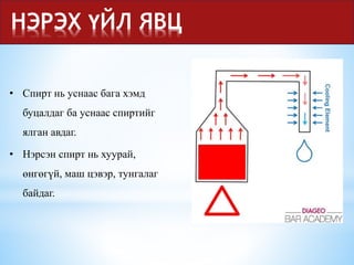 НЭРЭХ ҮЙЛ ЯВЦ
• Спирт нь уснаас бага хэмд
буцалдаг ба уснаас спиртийг
ялган авдаг.
• Нэрсэн спирт нь хуурай,
өнгөгүй, маш цэвэр, тунгалаг
байдаг.
 